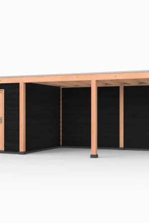 Douglas overkapping, 750 x 300, met achterwand en schuur, Westwood Elegant zwart Seizoensaanbieding